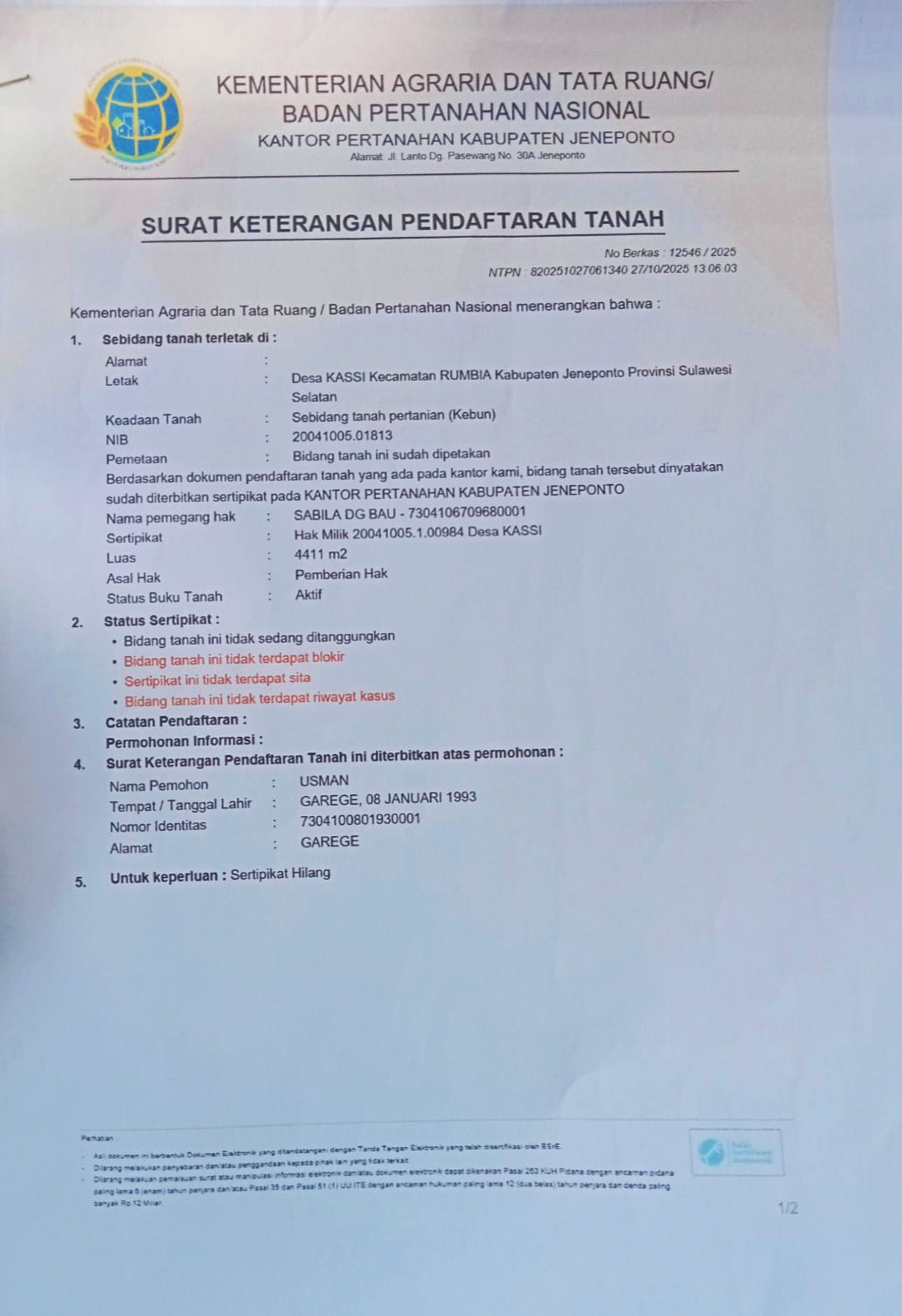 PENGUMUMAN KEHILANGAN SERTIFIKAT 
